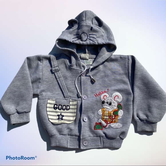 Boys Grey Mouse Face Design Button-up Hoodie - Picture 1 of 12